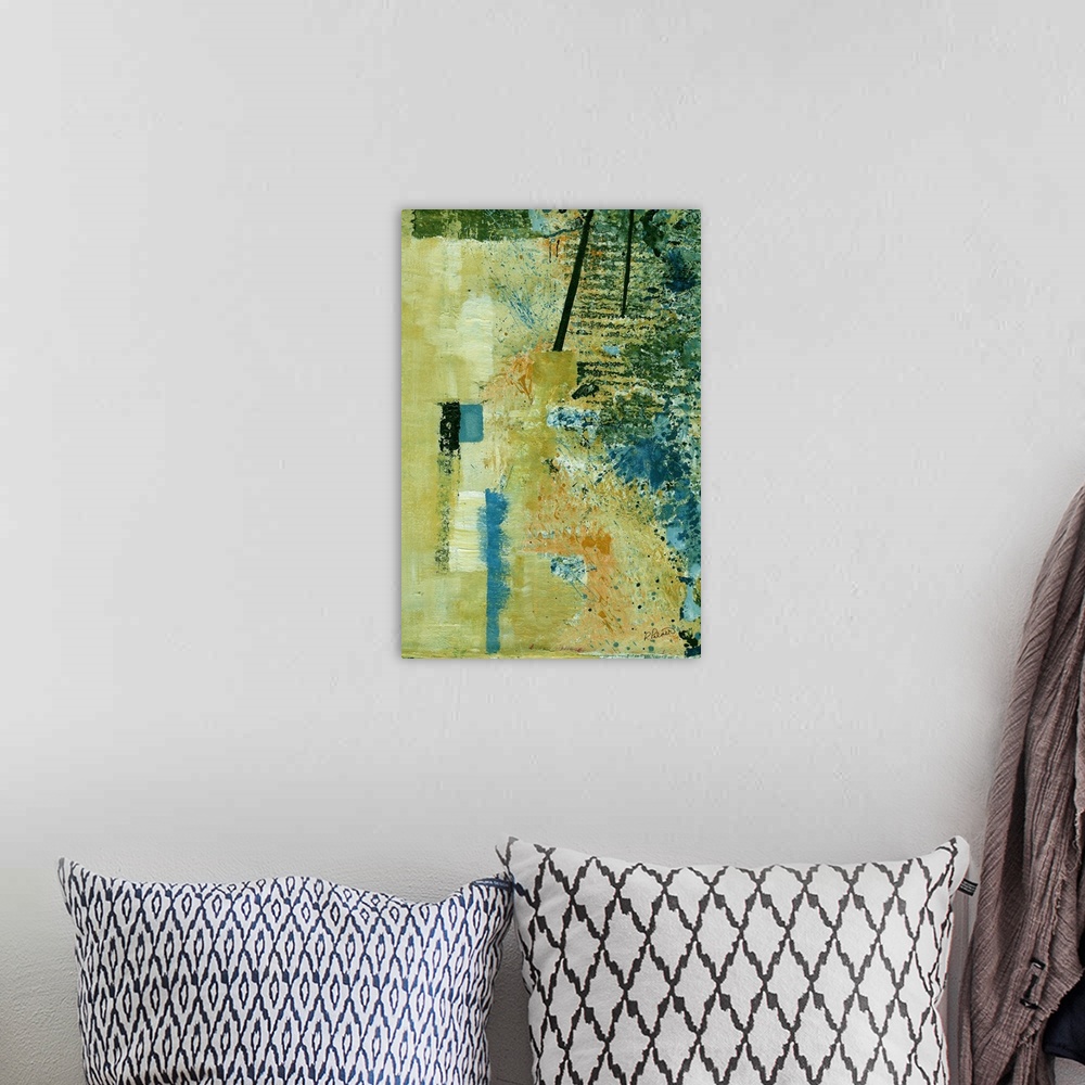 A bohemian room featuring Contemporary abstract painting using pale green and bold contrasting lines.