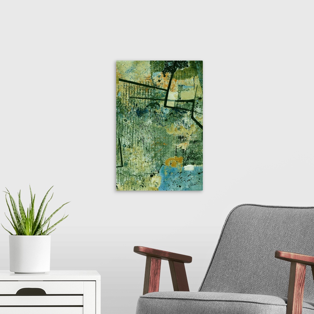 A modern room featuring Contemporary abstract painting using pale green and bold contrasting lines.
