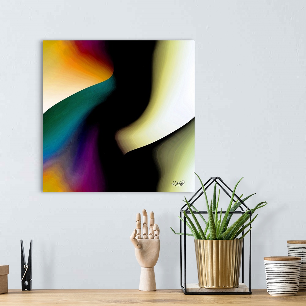 A bohemian room featuring Gradients of color swirling together to create this square abstract piece.