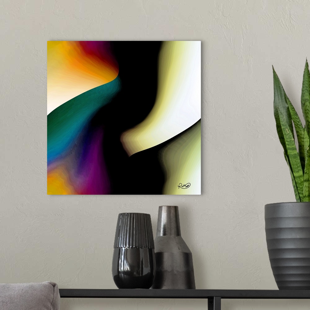 A modern room featuring Gradients of color swirling together to create this square abstract piece.