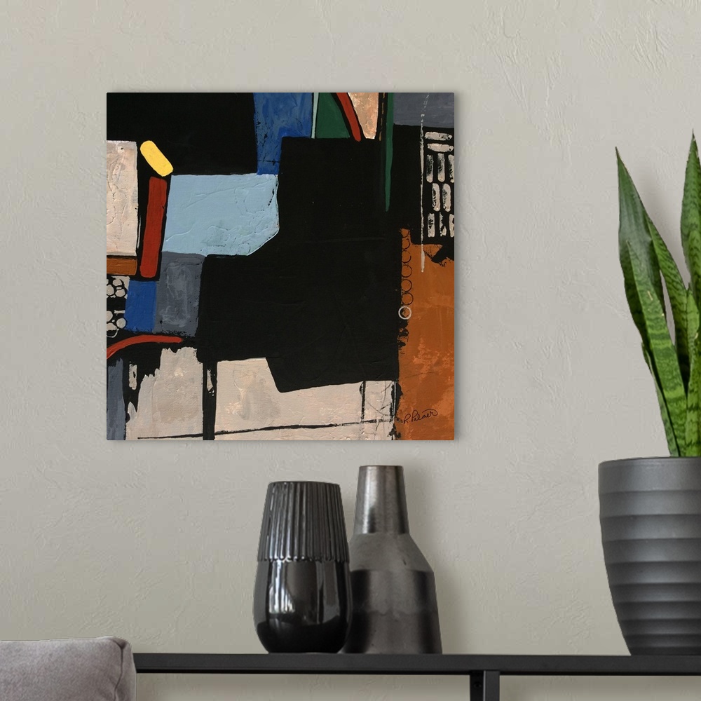 A modern room featuring Square abstract painting with muted and neutral colored shapes mixed with a few colorful shapes a...