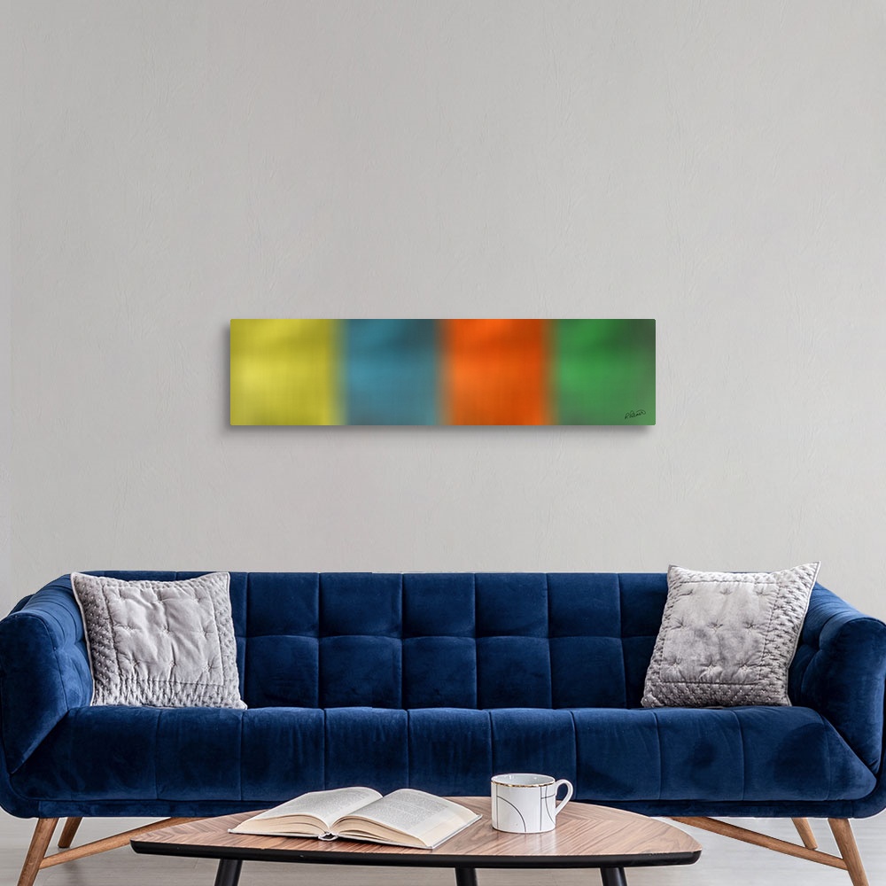 A modern room featuring A long horizontal design of blurred squared colors that faded into each other.