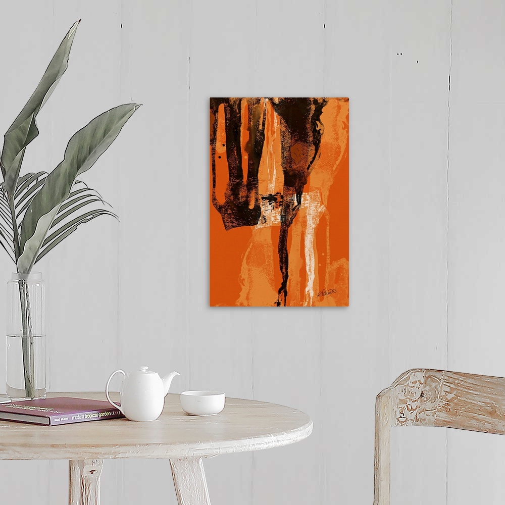 A farmhouse room featuring Abstract painting with a bright orange background and black, white, and lighter orange brushstrok...