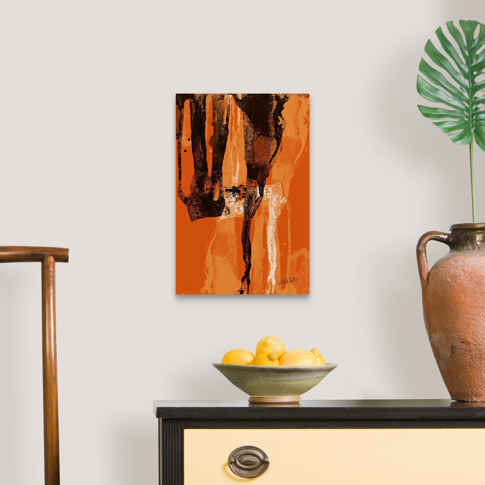 A traditional room featuring Abstract painting with a bright orange background and black, white, and lighter orange brushstrok...
