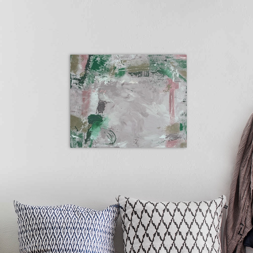 A bohemian room featuring Abstract painting with muted hues of green, pink, purple, and grey.