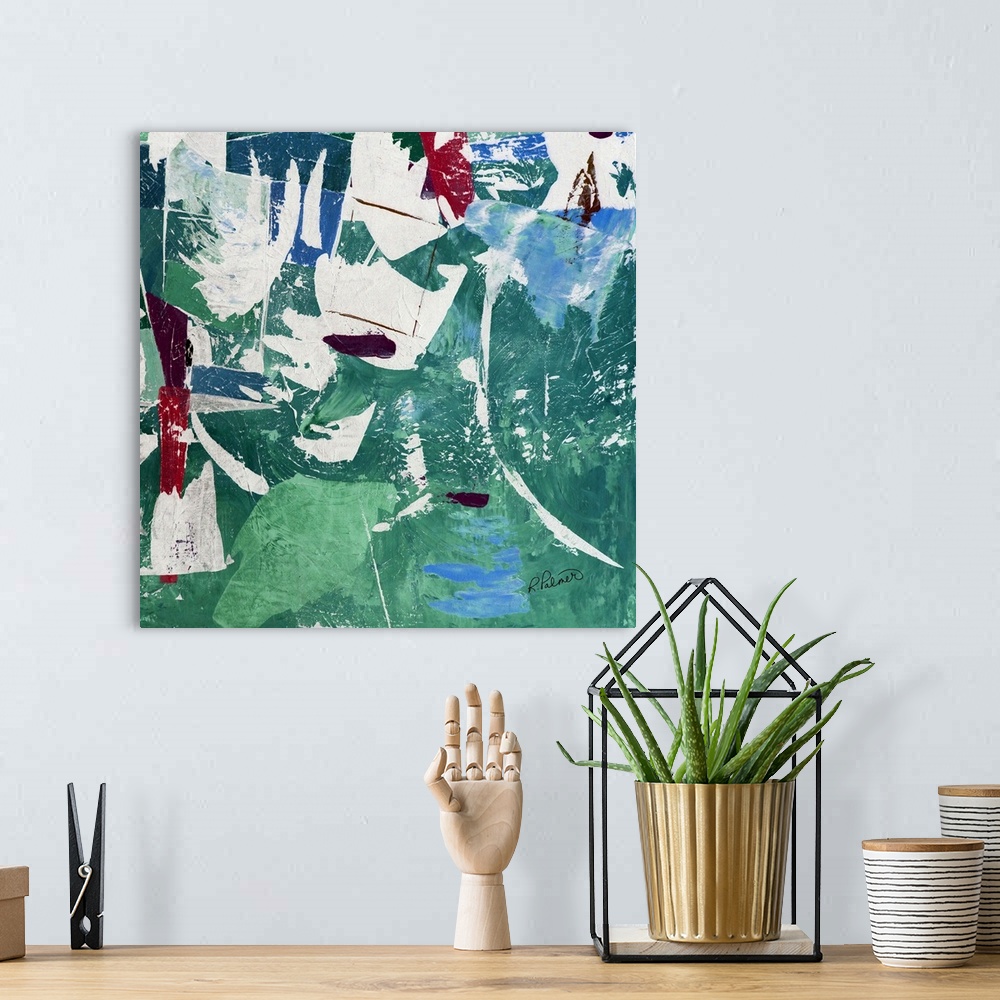 A bohemian room featuring Square abstract painting with green and blue shapes on the background and deep purple and red des...