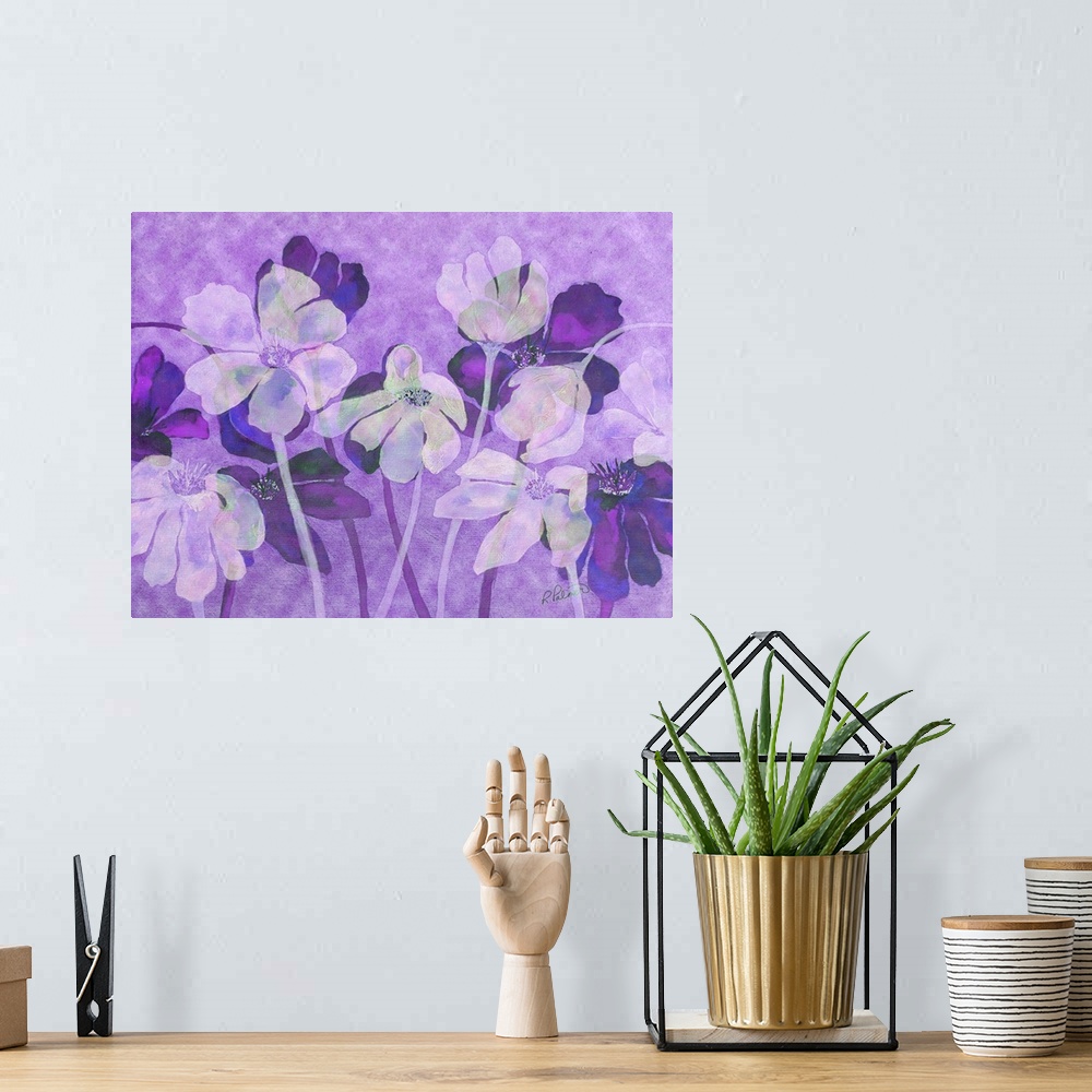 A bohemian room featuring A horizontal image of a group of flowers in varies shades of purple.