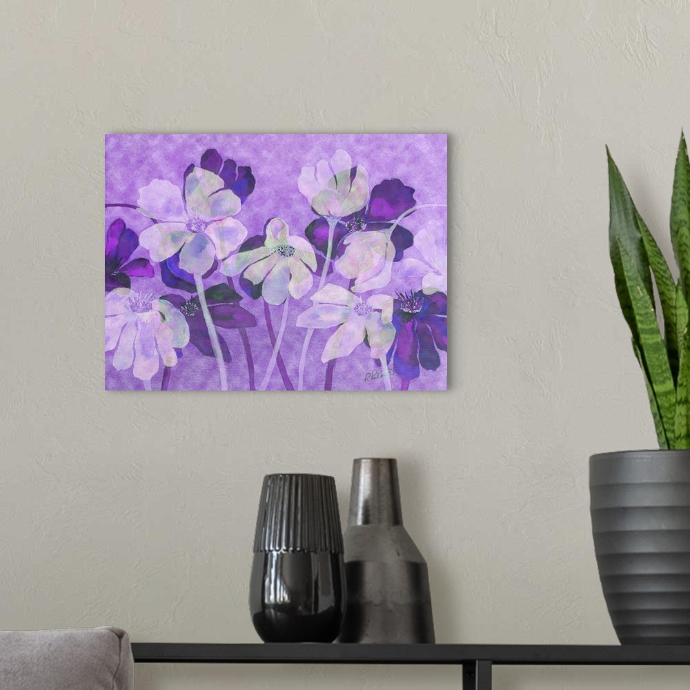 A modern room featuring A horizontal image of a group of flowers in varies shades of purple.