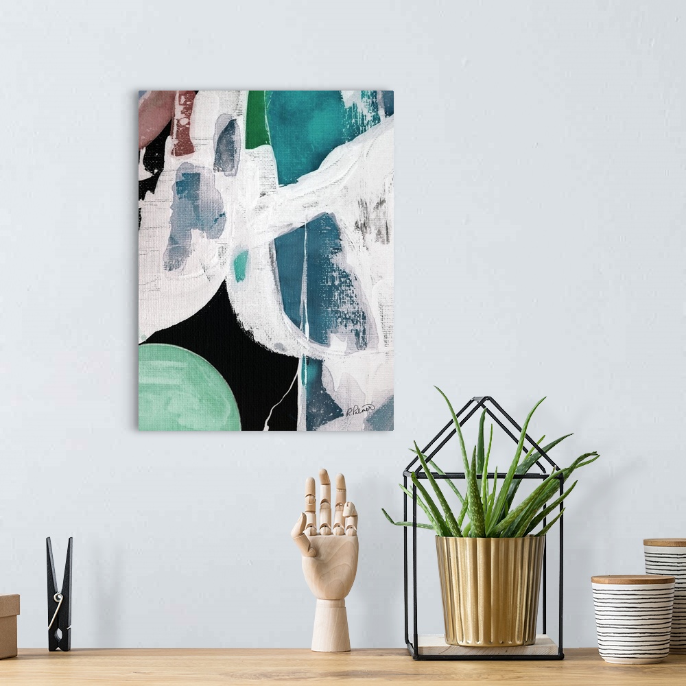 A bohemian room featuring Abstract painting with thick brushstrokes in shades of blue, green, red, white, and gray.