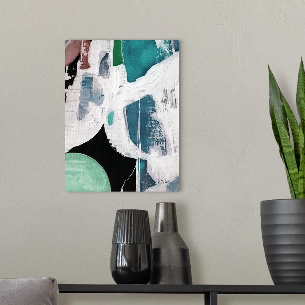 A modern room featuring Abstract painting with thick brushstrokes in shades of blue, green, red, white, and gray.