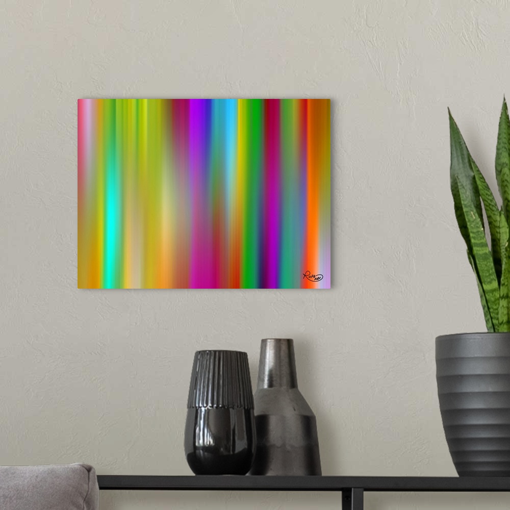 A modern room featuring Abstract art of vertical lines made with a rainbow gradient.