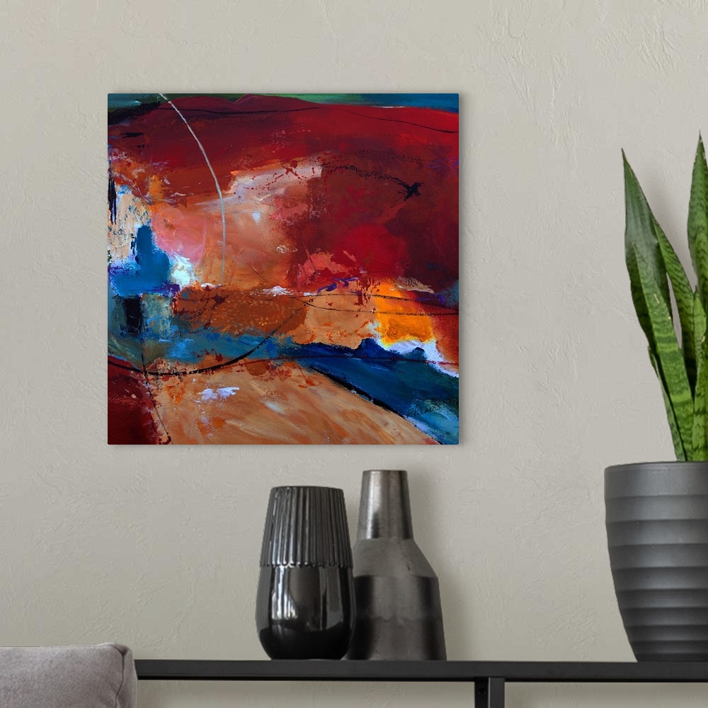 A modern room featuring Deep square abstract painting in shades of blue, red, orange, and brown with sporadic, thin, blac...
