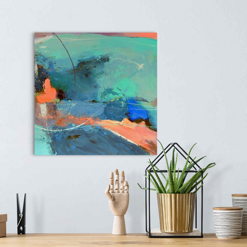 A bohemian room featuring Square abstract painting with pastel-like colors in shades of orange, blue, and green.