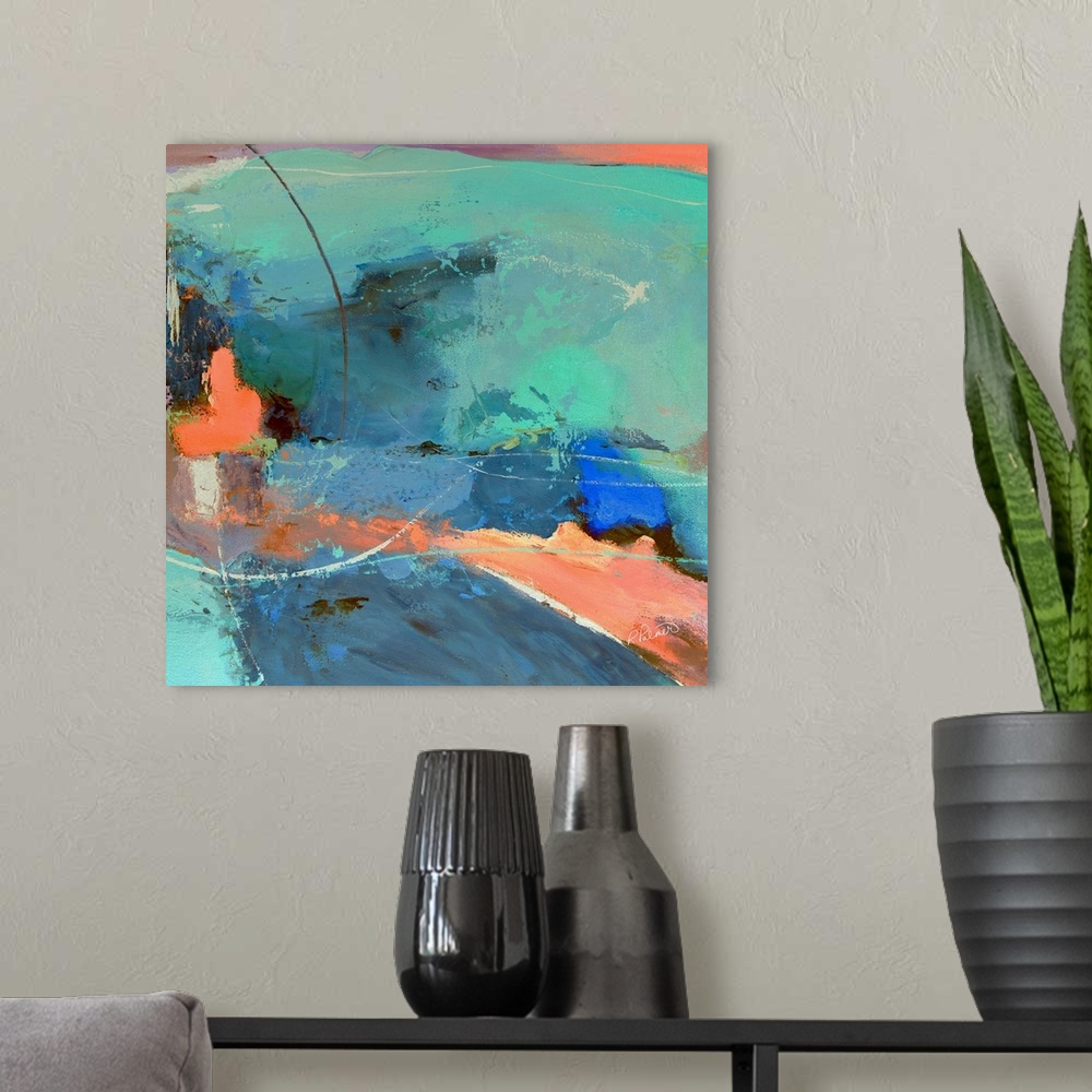 A modern room featuring Square abstract painting with pastel-like colors in shades of orange, blue, and green.