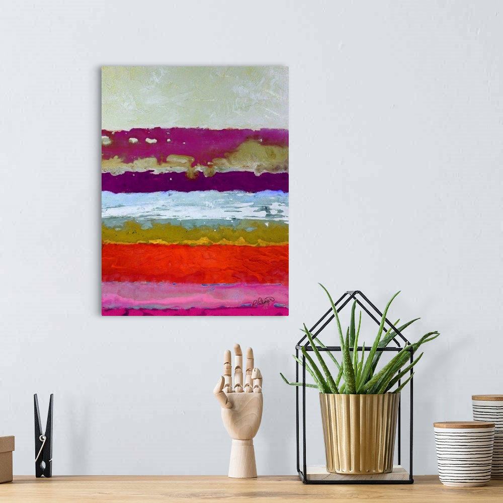 A bohemian room featuring Bright abstract painting with thick horizontal brushstrokes in shades of pink, purple, blue, yell...