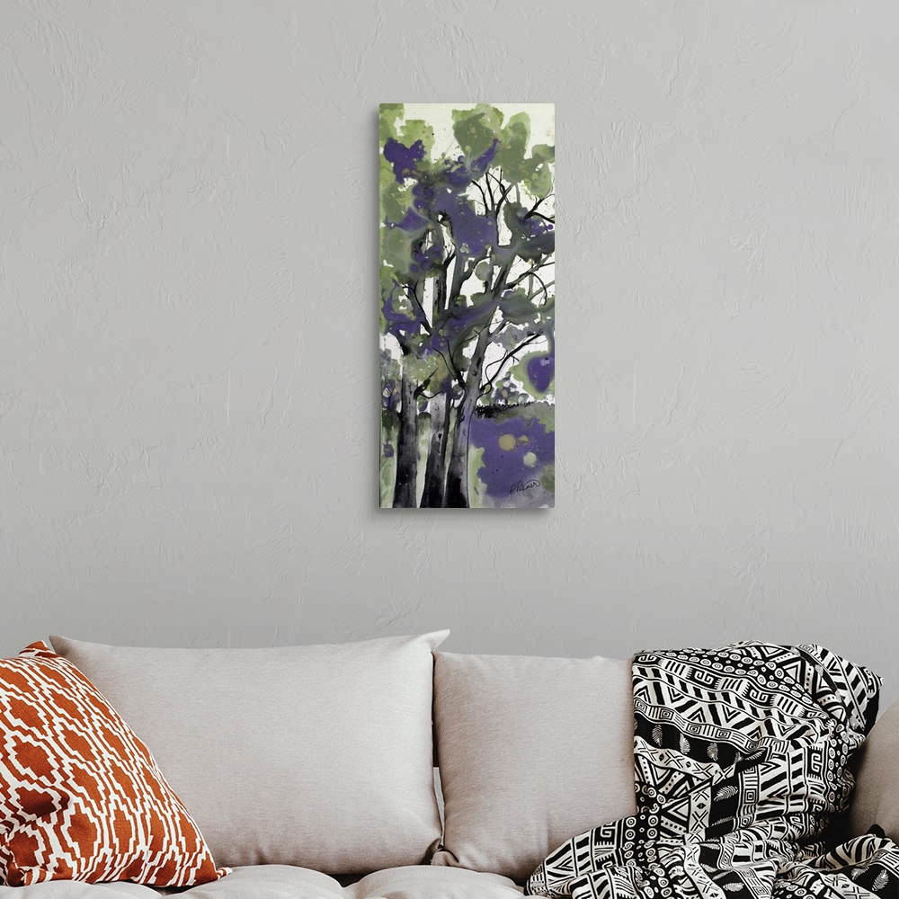A bohemian room featuring Tall panel abstract painting resembling trees with black and gray trunks and purple and green bus...
