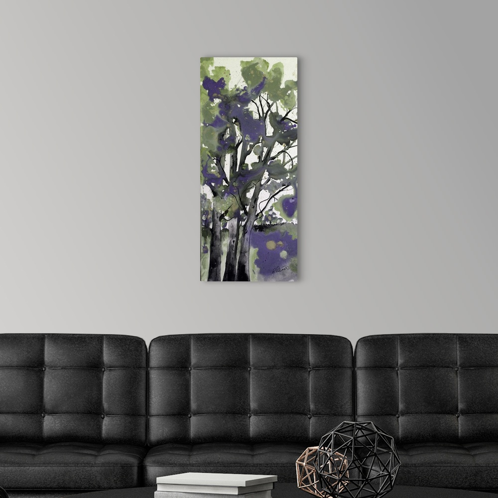 A modern room featuring Tall panel abstract painting resembling trees with black and gray trunks and purple and green bus...