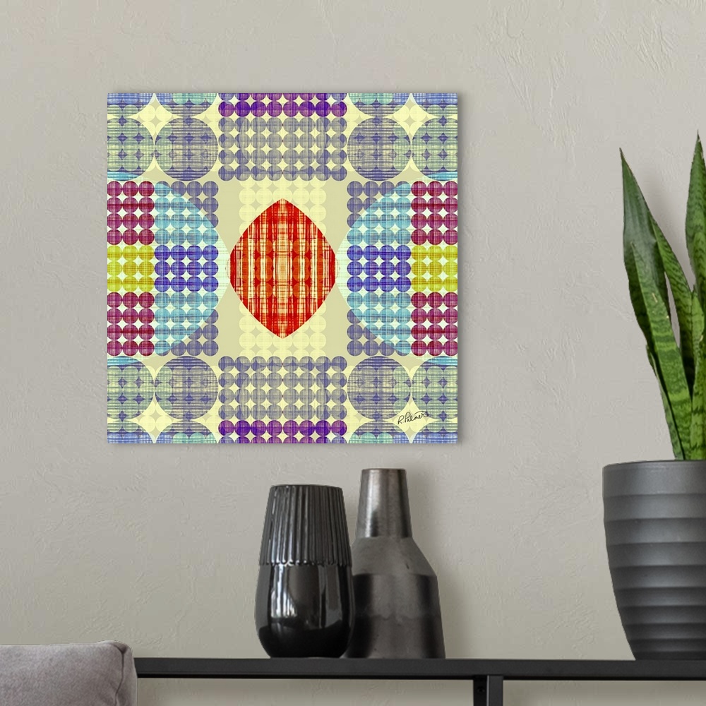 A modern room featuring Square shapes made of rows of circles in a cross hatching pattern in vibrant colors.