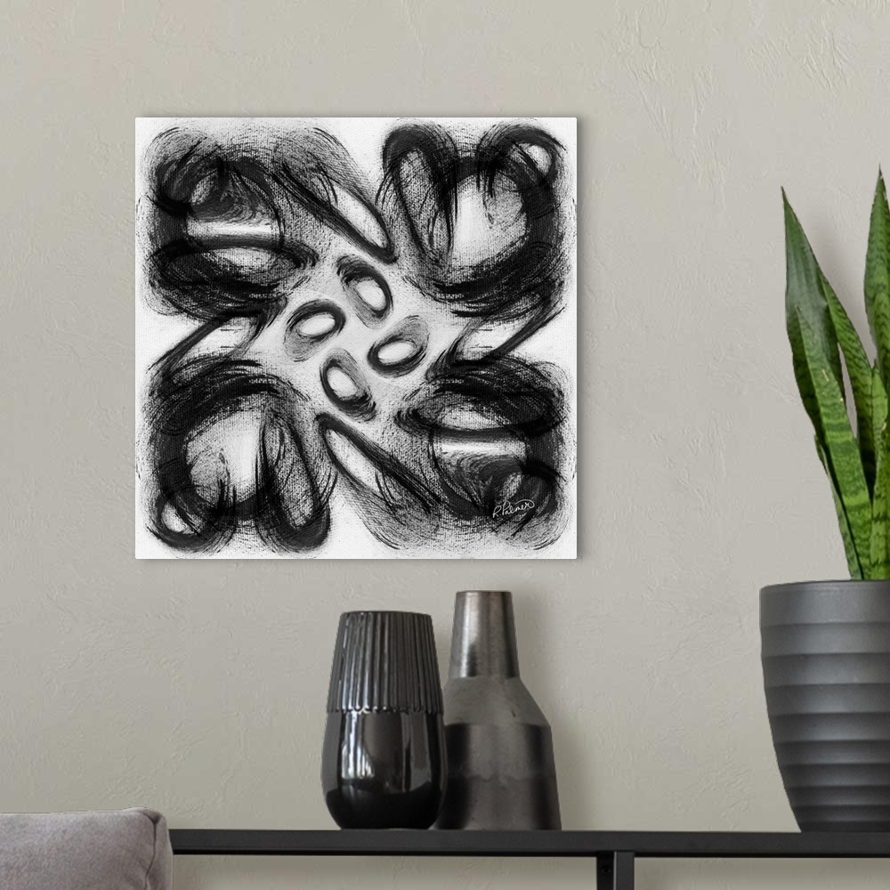 A modern room featuring Square black and white abstract painting with oval and circular shapes creating movement in the c...