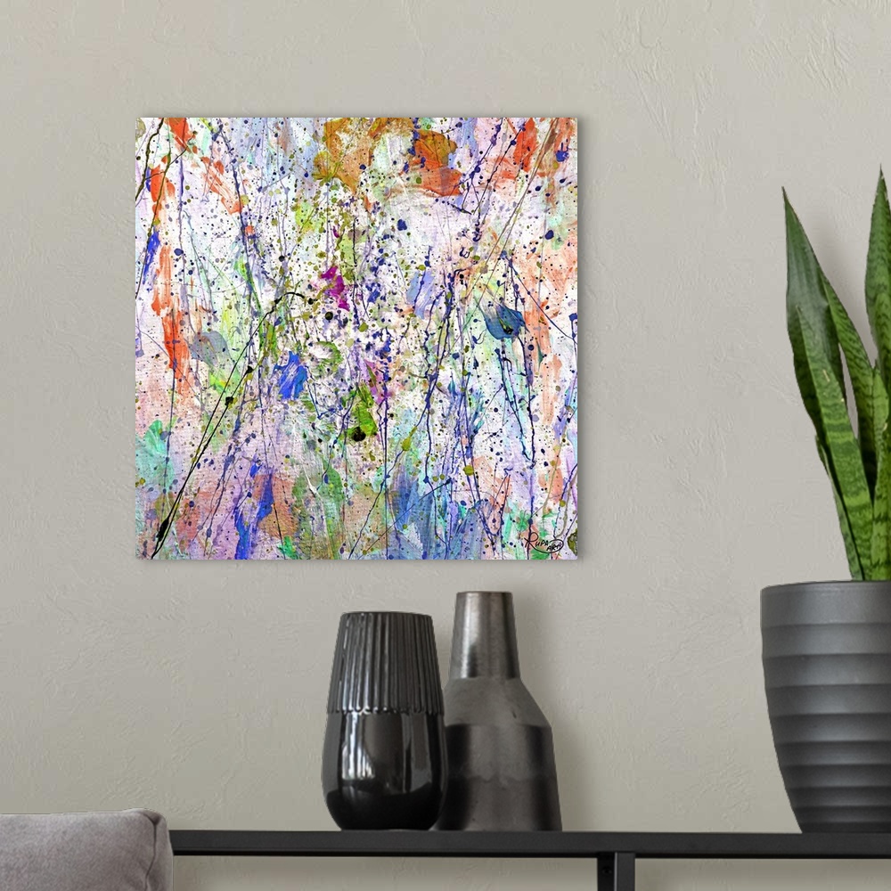 A modern room featuring Modern square painting in an abstract expressionist style over pastel colors such as purple, gree...