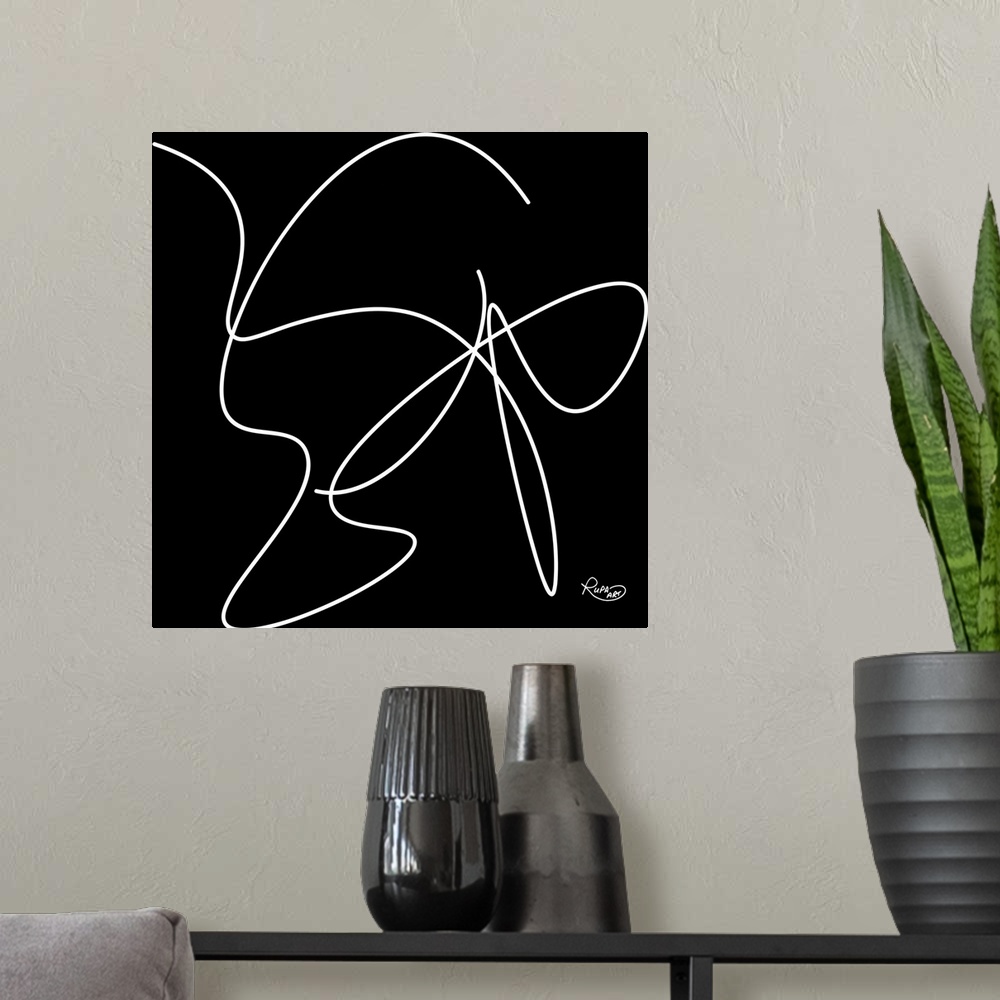 A modern room featuring Minimalist contemporary art of a white swirling line on black.