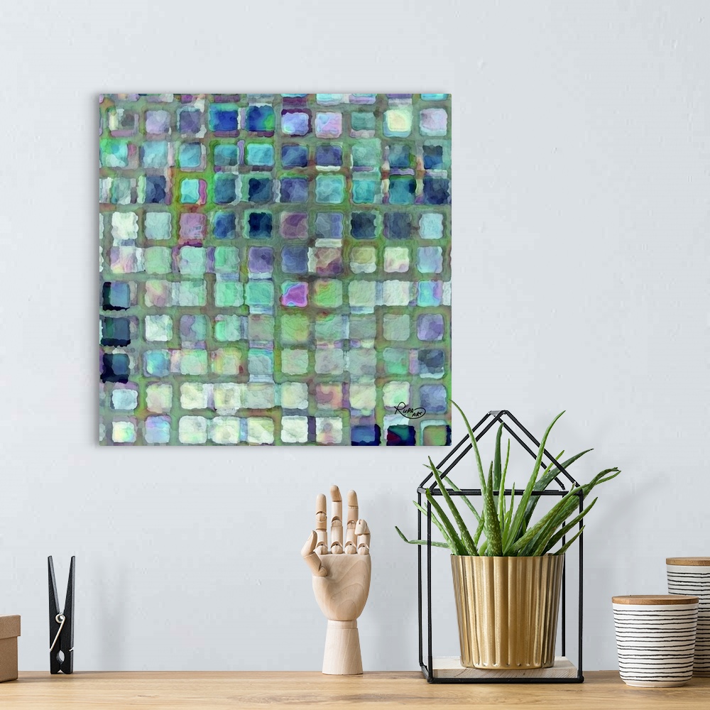 A bohemian room featuring Square abstract art that has a cool toned square pattern creating a tiled look.