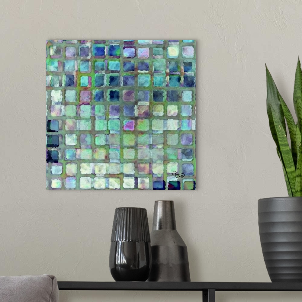 A modern room featuring Square abstract art that has a cool toned square pattern creating a tiled look.