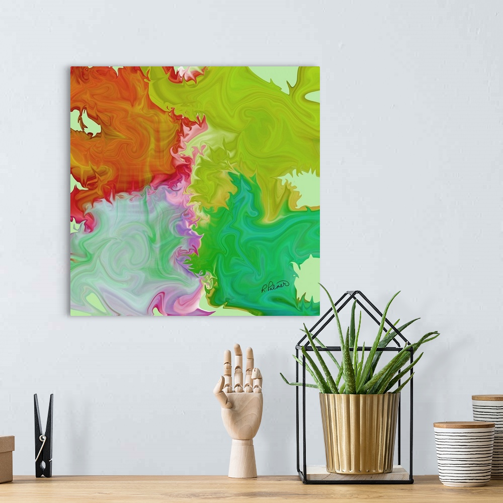 A bohemian room featuring A square image of multi-colored blurred shapes bleeding together.