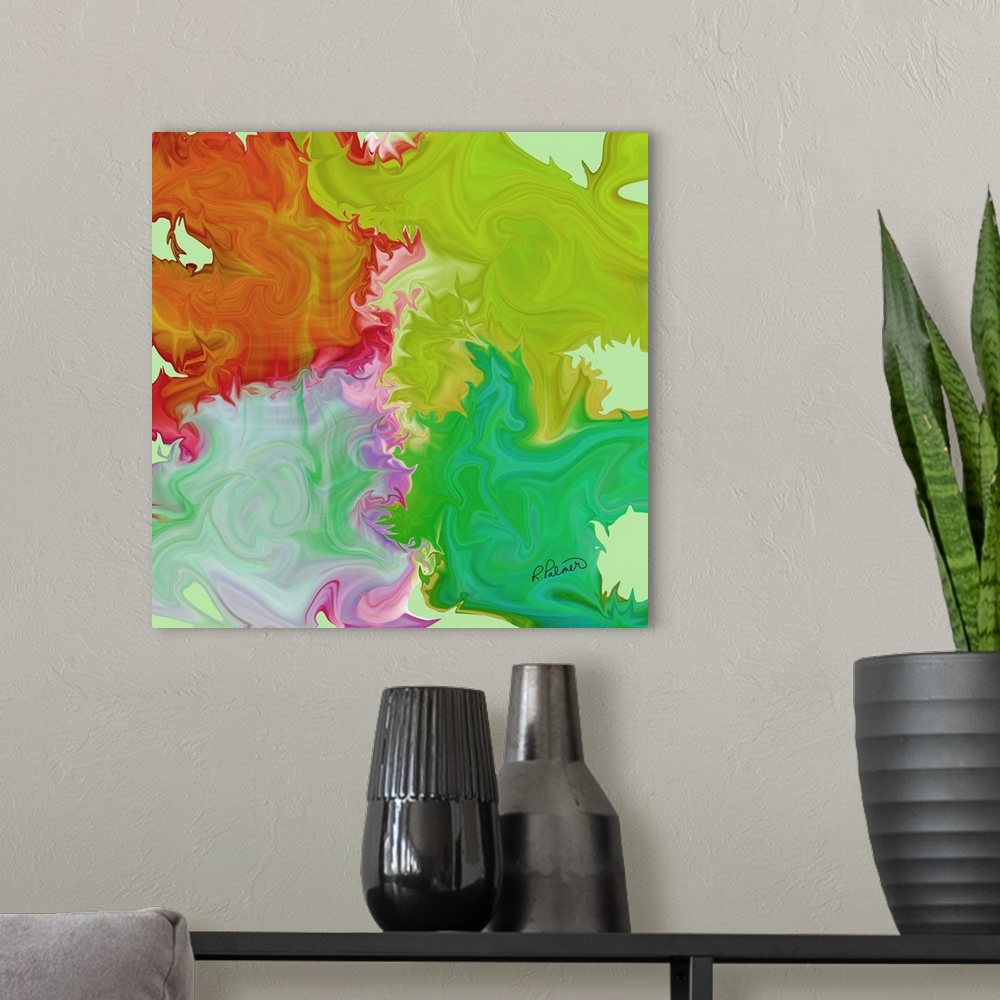 A modern room featuring A square image of multi-colored blurred shapes bleeding together.