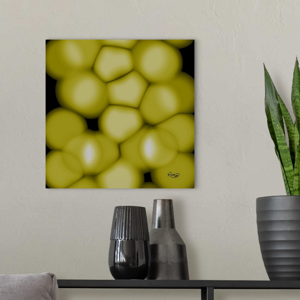 A modern room featuring Square abstract art that has soft, mustard yellow, translucent, circular shapes layered together ...
