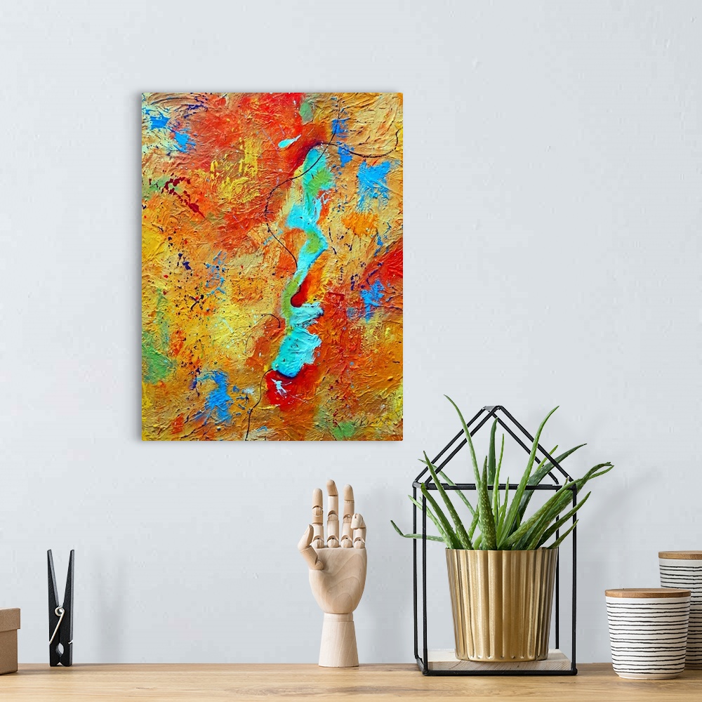 A bohemian room featuring Portrait, large abstract painting in multi-colored layers of transitioning colors, covered in sma...