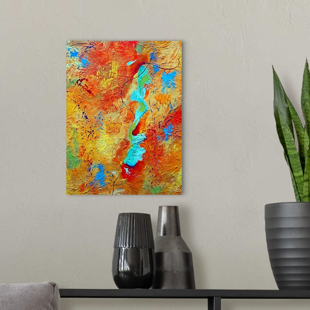 A modern room featuring Portrait, large abstract painting in multi-colored layers of transitioning colors, covered in sma...