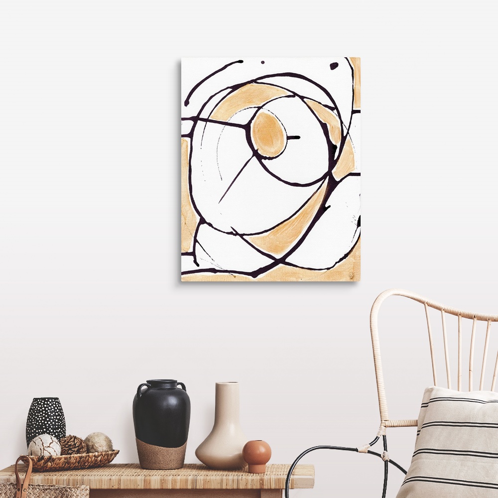 A farmhouse room featuring A geometric abstract painting with black lines and gold filling.