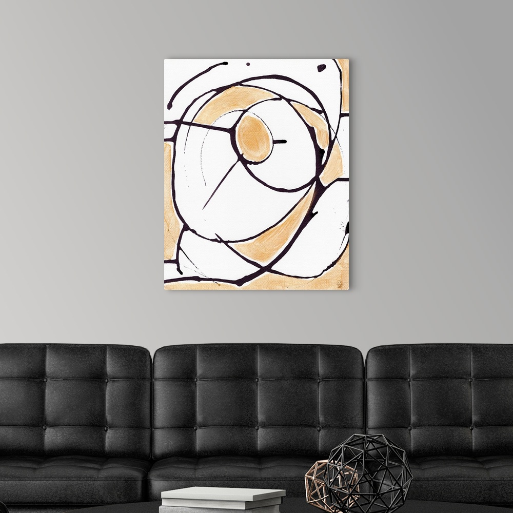 A modern room featuring A geometric abstract painting with black lines and gold filling.