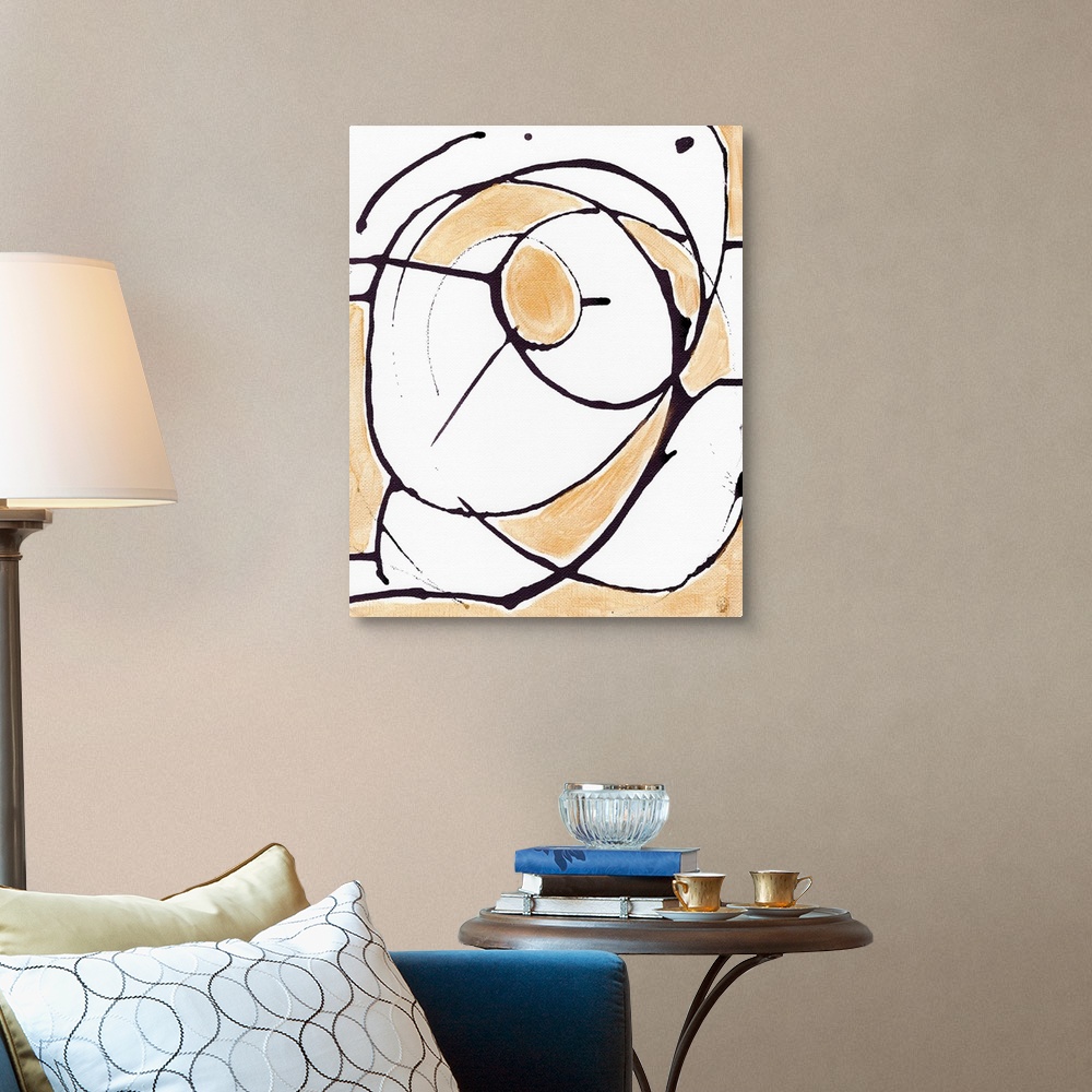 A traditional room featuring A geometric abstract painting with black lines and gold filling.
