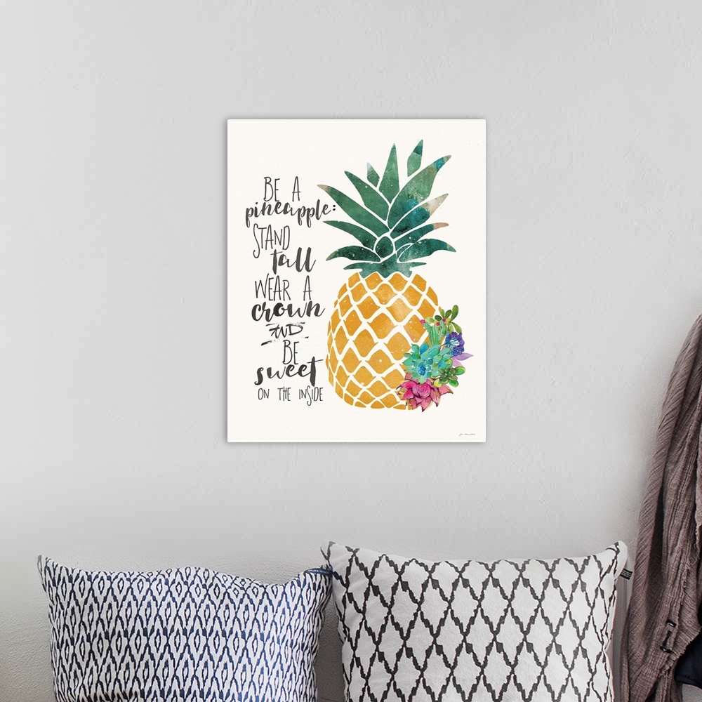 A bohemian room featuring A decorative typographic design with a pineapple and flowers.