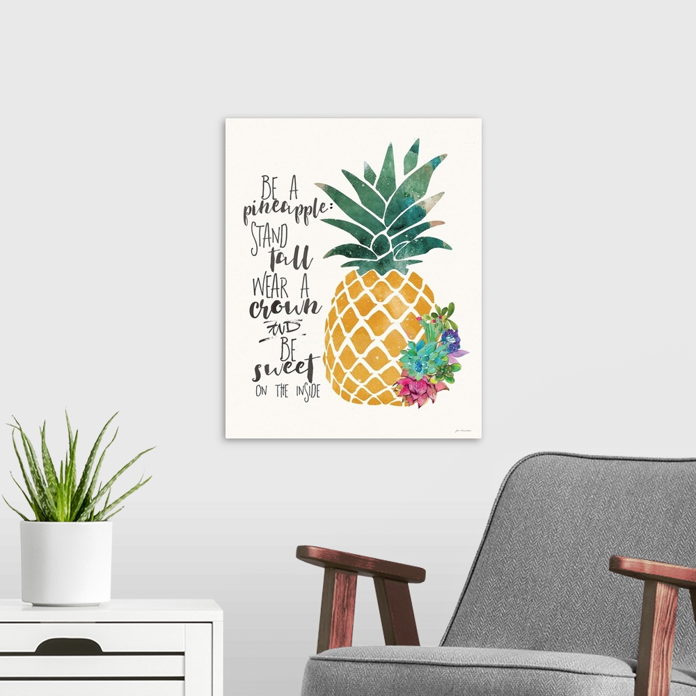 A modern room featuring A decorative typographic design with a pineapple and flowers.