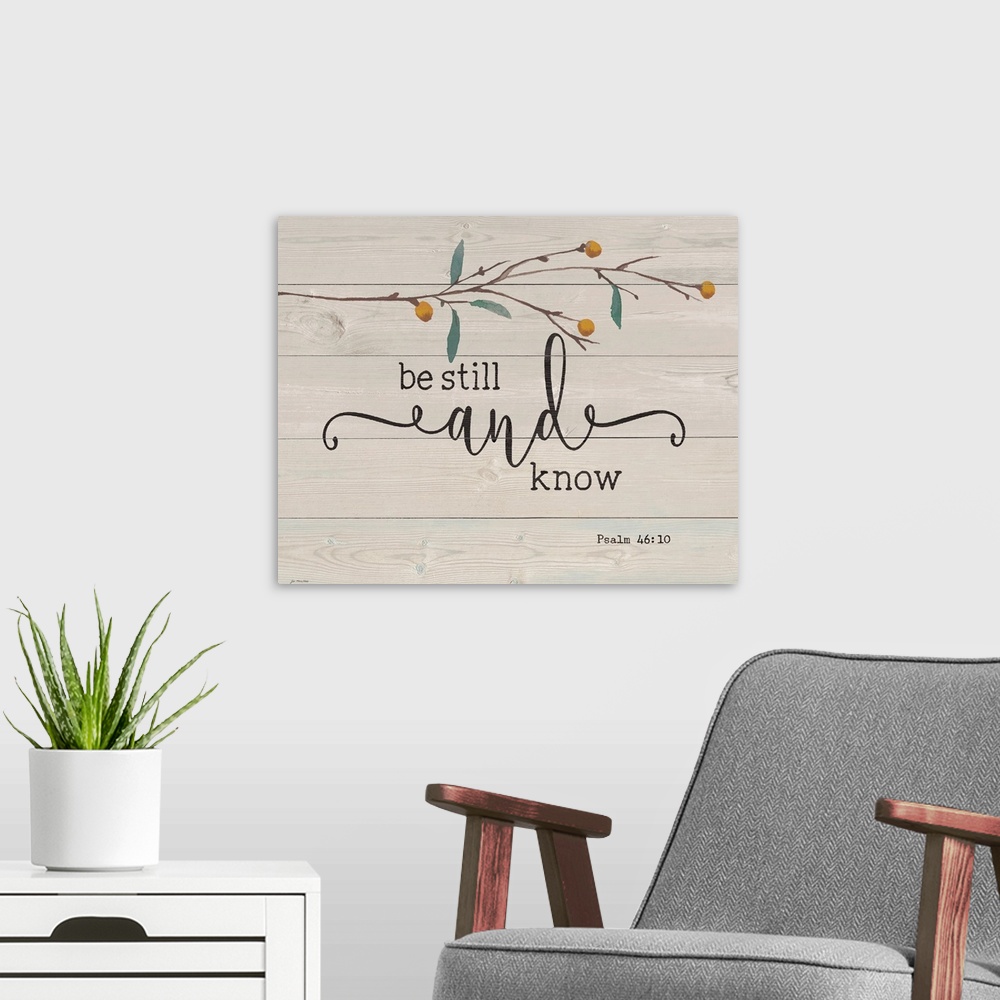 A modern room featuring Contemporary whimsical sentiment artwork using handlettering and wood plank textures.