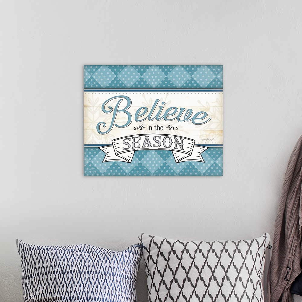 A bohemian room featuring Festive Christmas typography with a banner and blue checks.