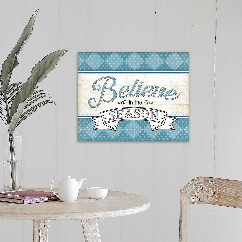 A farmhouse room featuring Festive Christmas typography with a banner and blue checks.