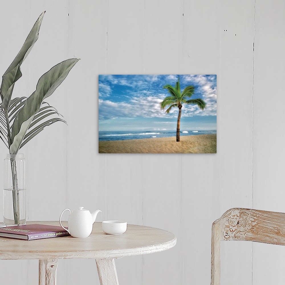 A farmhouse room featuring A tropical beach with a lone palm tree under a cloudy sky.