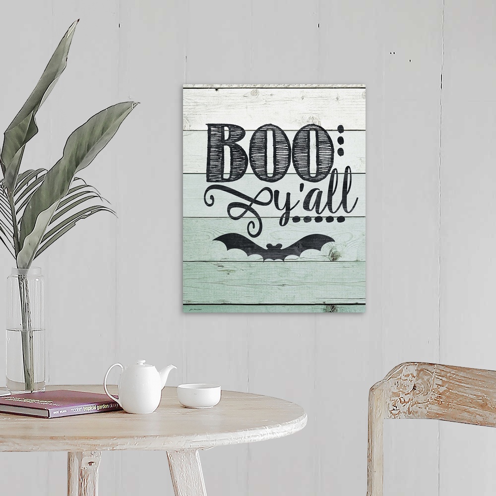 A farmhouse room featuring Humorous Halloween typography art on a wooden board background.