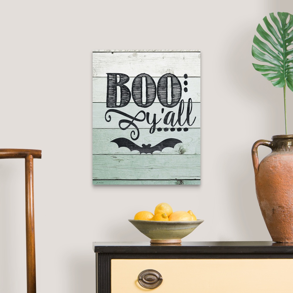 A traditional room featuring Humorous Halloween typography art on a wooden board background.