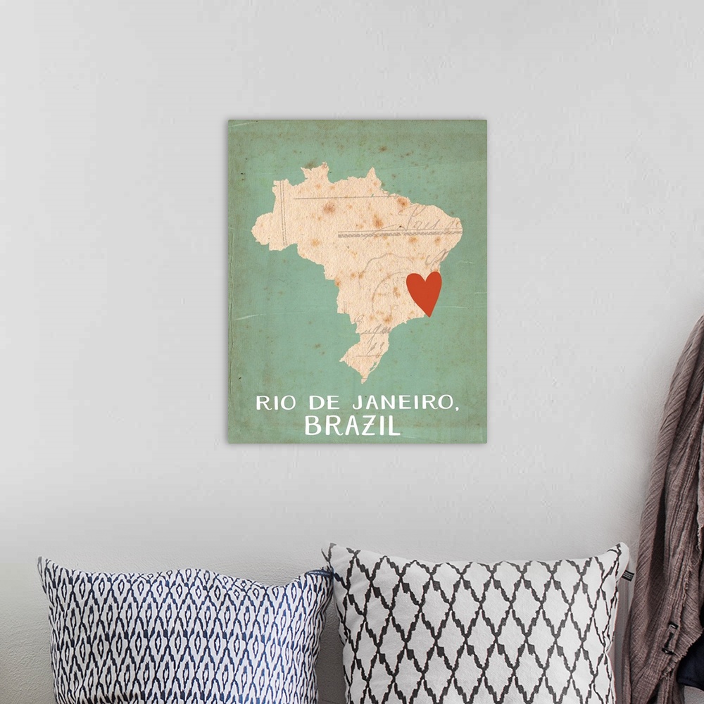 A bohemian room featuring Outline of the country of Brazil with a red heart on the location of Rio de Janeiro.
