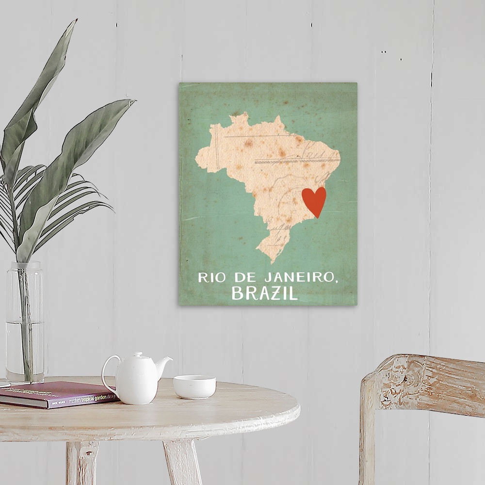 A farmhouse room featuring Outline of the country of Brazil with a red heart on the location of Rio de Janeiro.