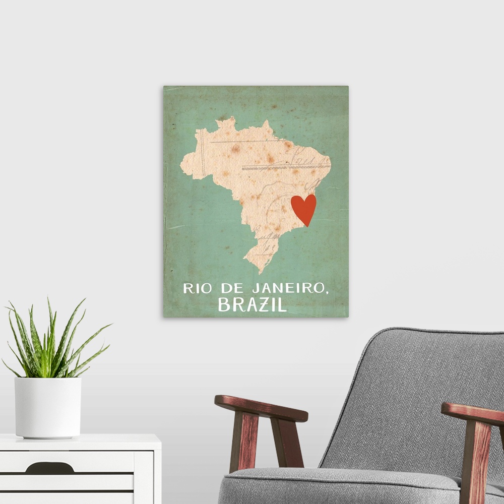 A modern room featuring Outline of the country of Brazil with a red heart on the location of Rio de Janeiro.