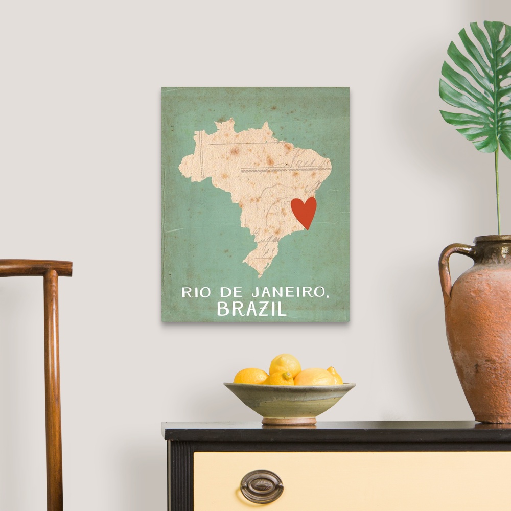 A traditional room featuring Outline of the country of Brazil with a red heart on the location of Rio de Janeiro.