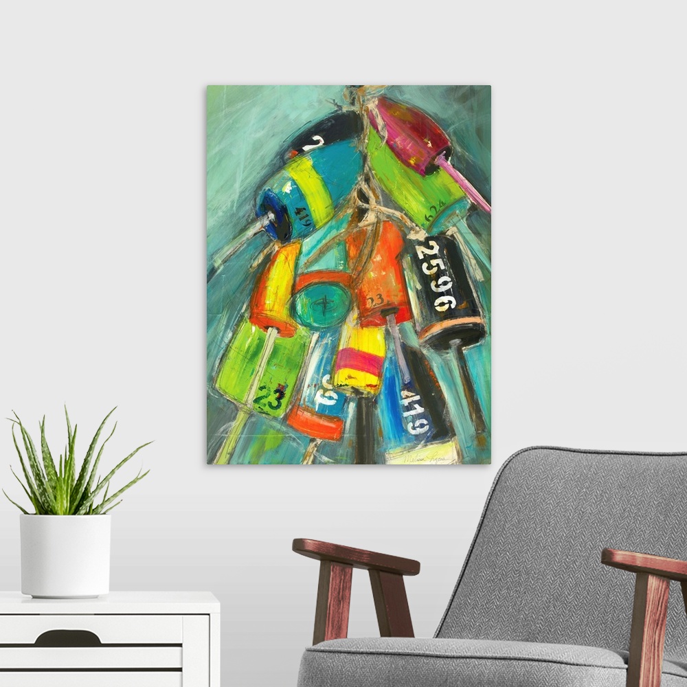 A modern room featuring Contemporary painting of buoys against a green background.