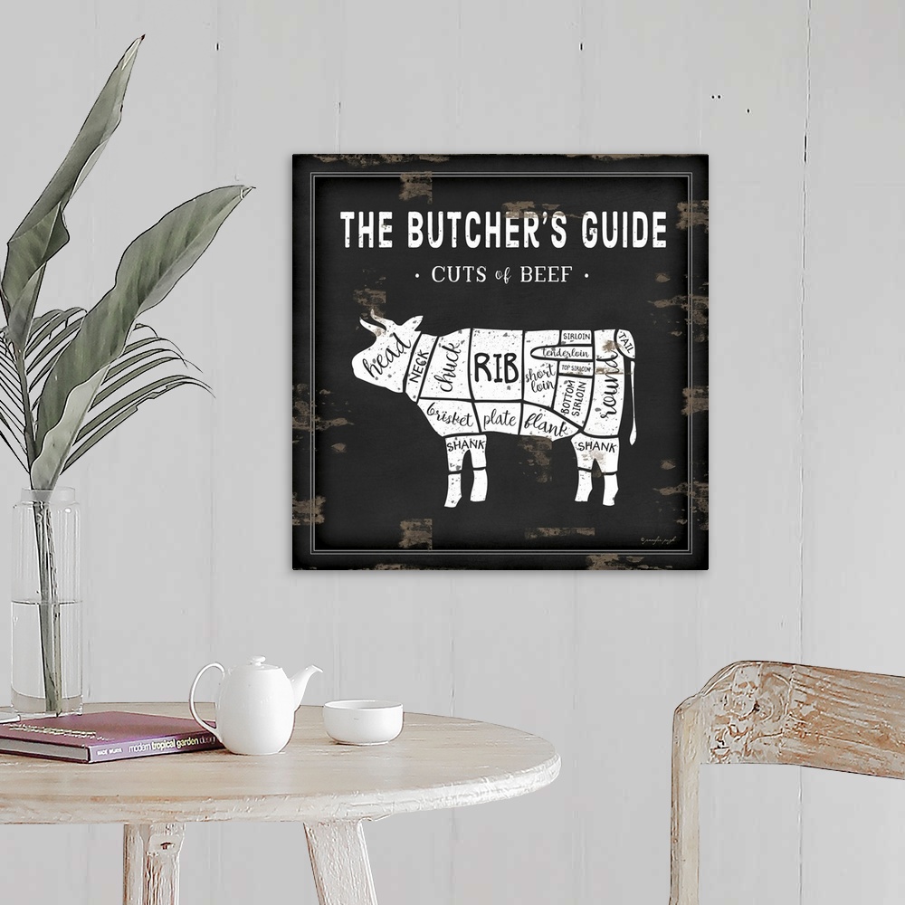 A farmhouse room featuring Rustic square chart showing cuts of beef in black and white.