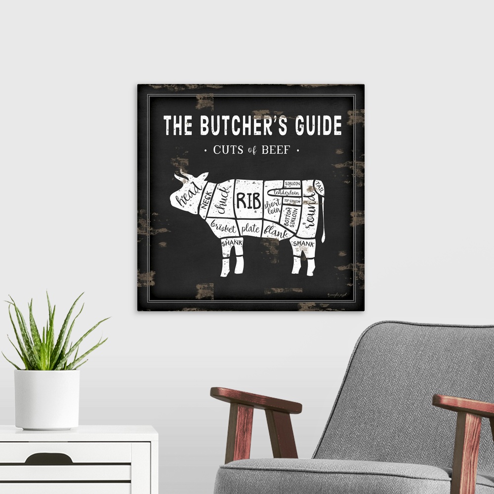 A modern room featuring Rustic square chart showing cuts of beef in black and white.